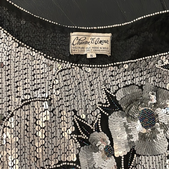 New designer Silver metallic sequins beaded silk blouse short-sleeve top Vintage - Picture 9 of 12